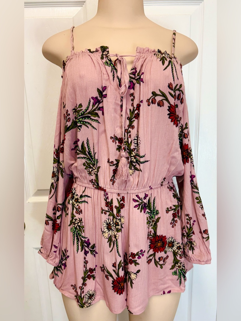 En Crème Floral Romper Boho Cold Shoulder Tassel Garden Tea Part Cottagecore